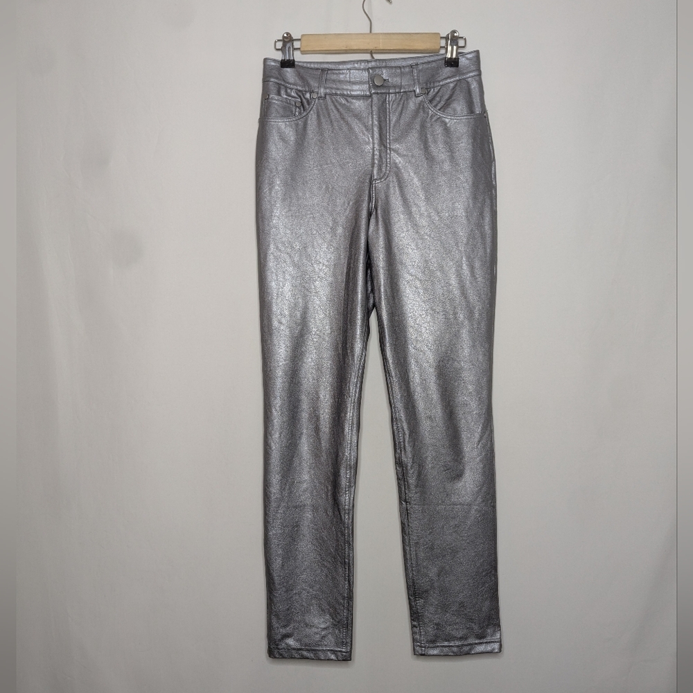 Commando Womens Silver Faux Leather Straight Leg Pants with Metallic Finish S